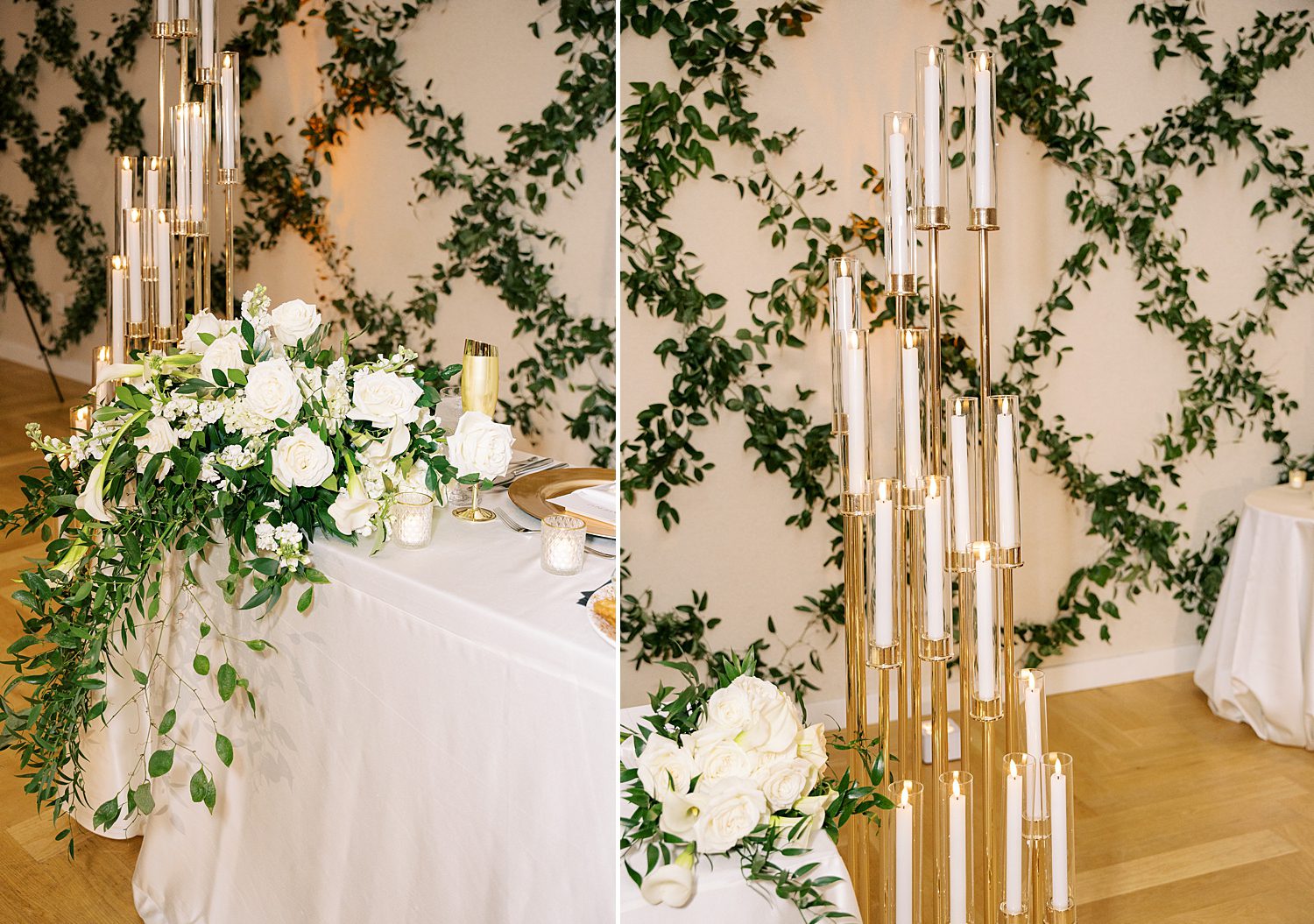 wedding reception at the Hotel Haya with greenery wall, ivory roses, and gold candles 