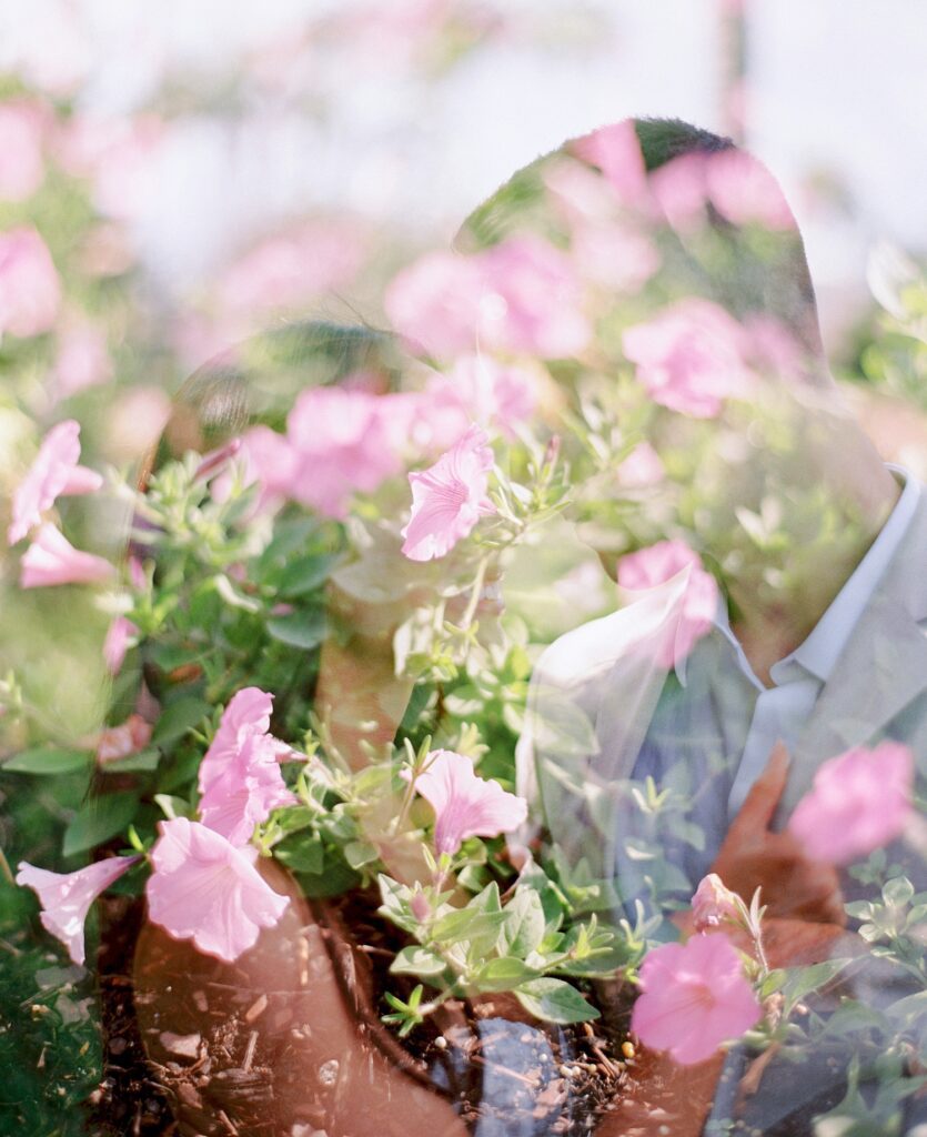 double exposure of pink flowers and couple at Hollis Gardens