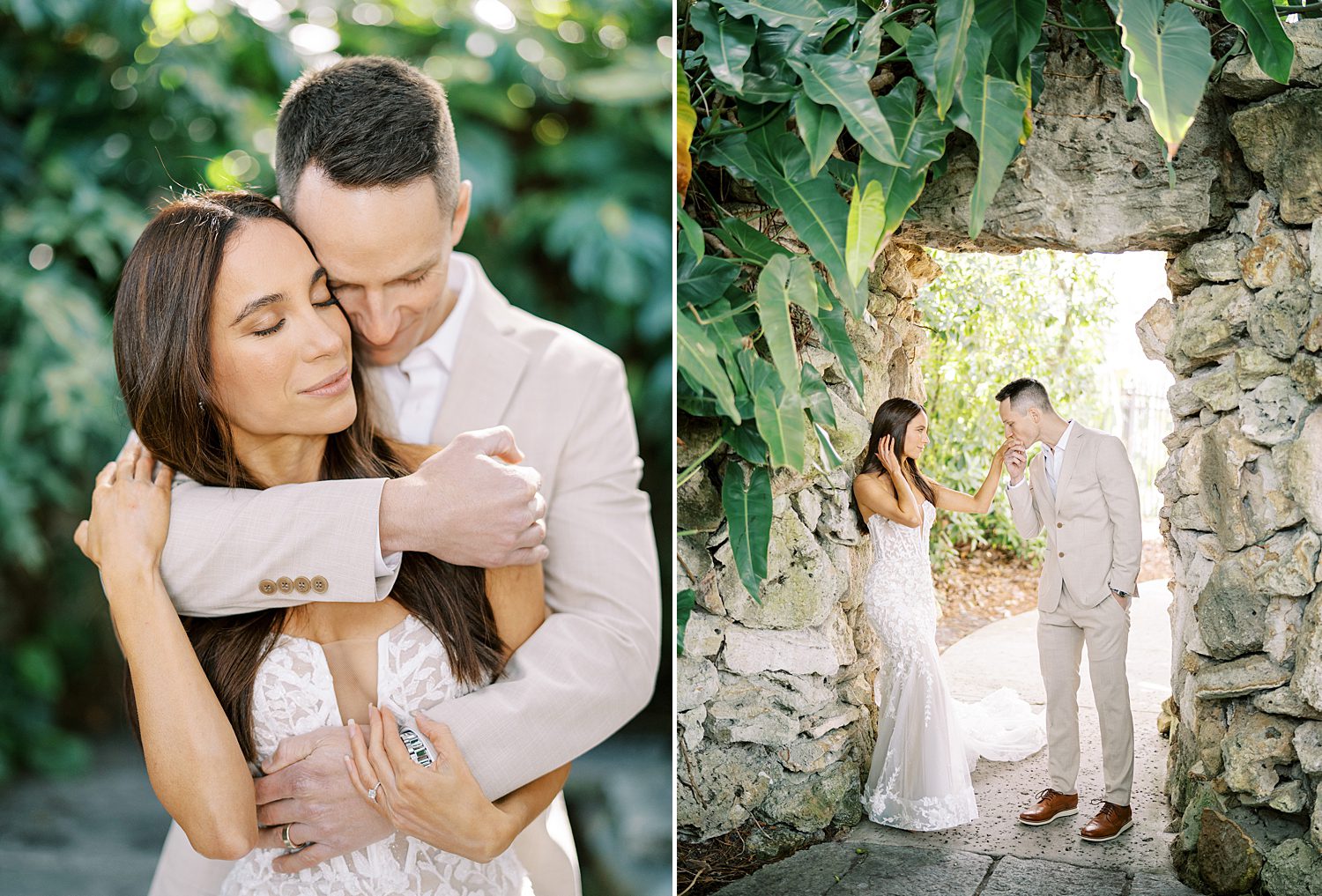 couple walks through stone archway in Hollis Gardens