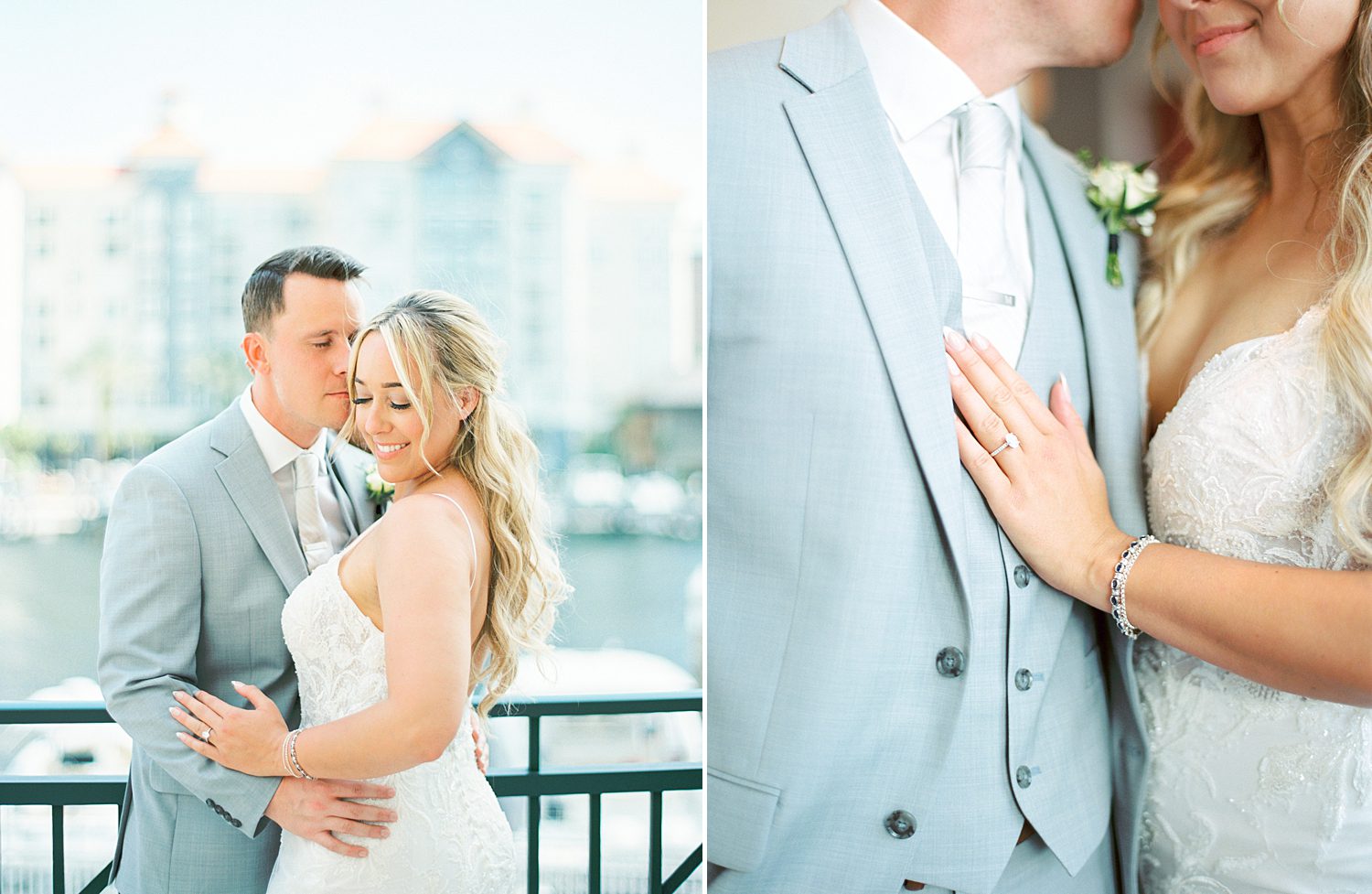 bride holds lapel of groom's blue suit jacket