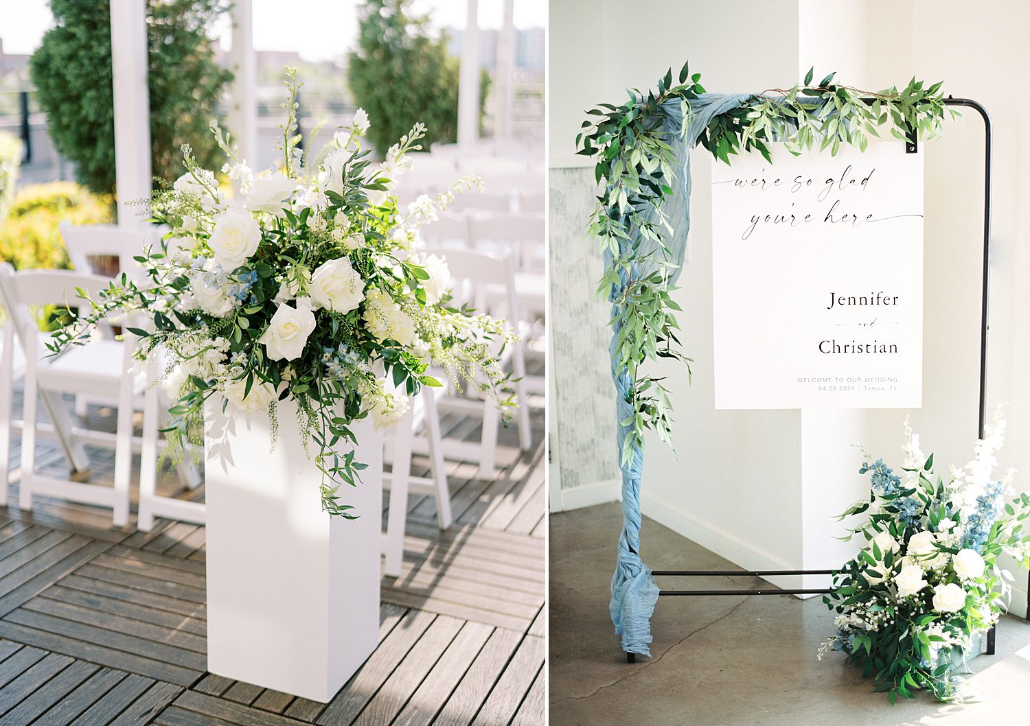 welcome sign and flower arrangement of white roses at end of aisle at Armature Works