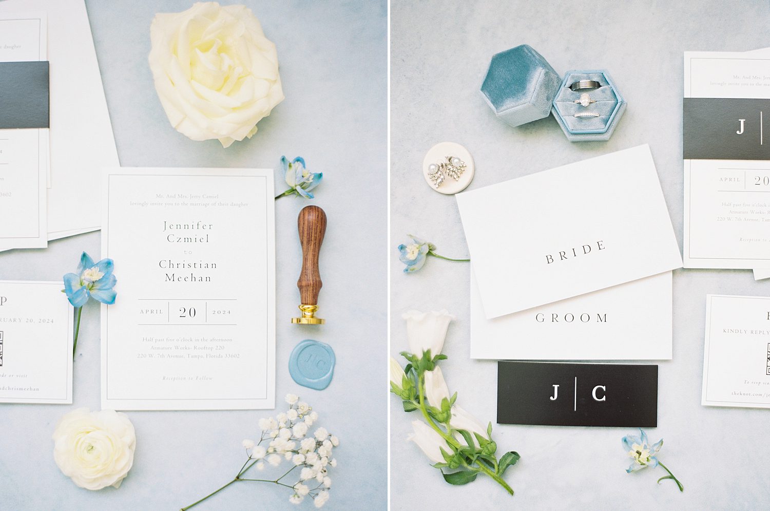 wax seal, invitation suite, and jewelry in blue ring box