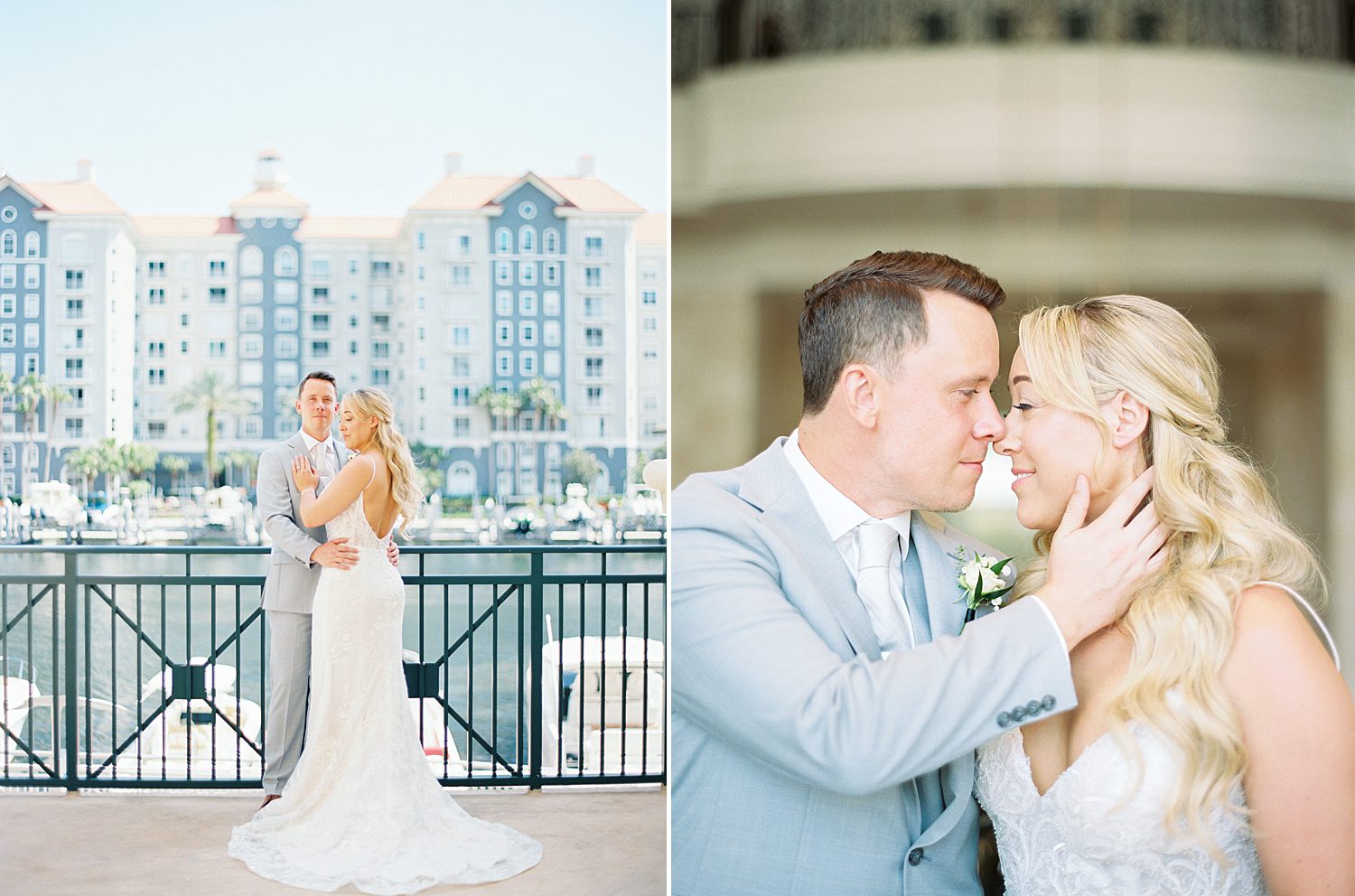 bride and groom hug on balcony of Armature Works overlooking Tampa FL