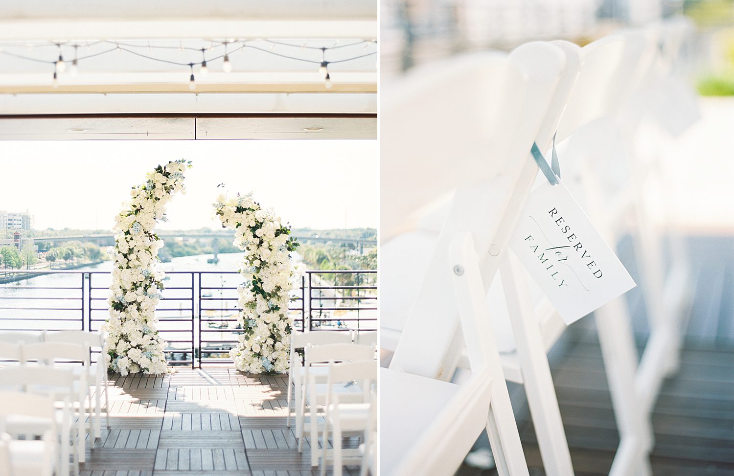 ceremony site with white chairs and white floral arbor