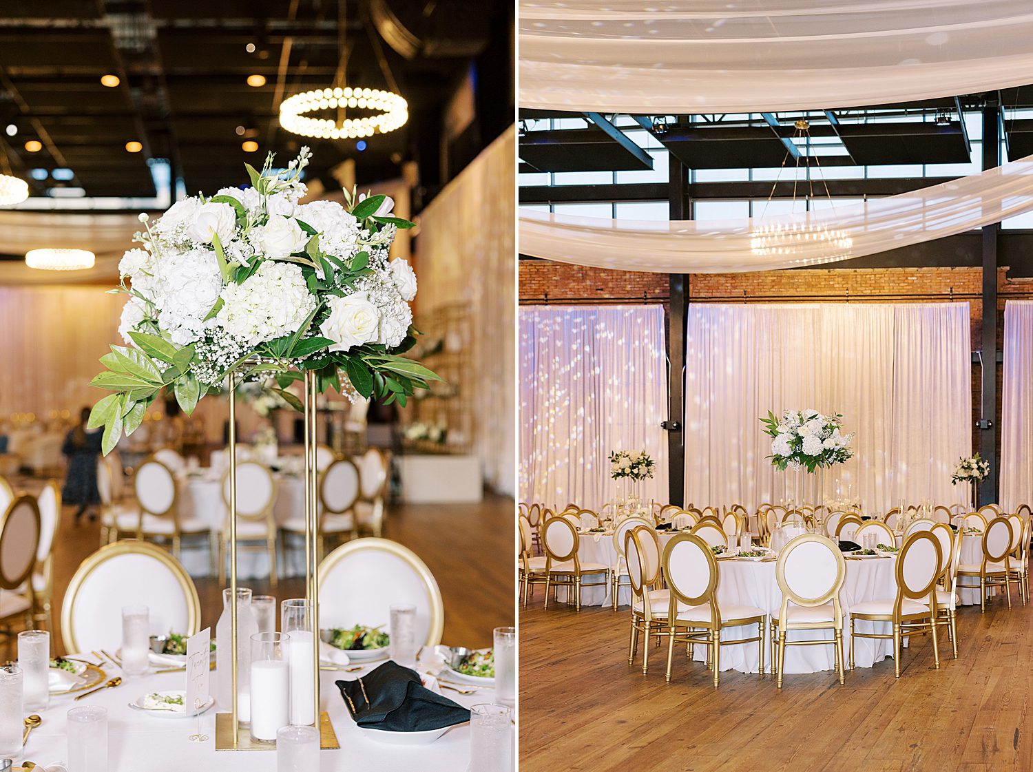 wedding reception with white and gold accents at Armature Works