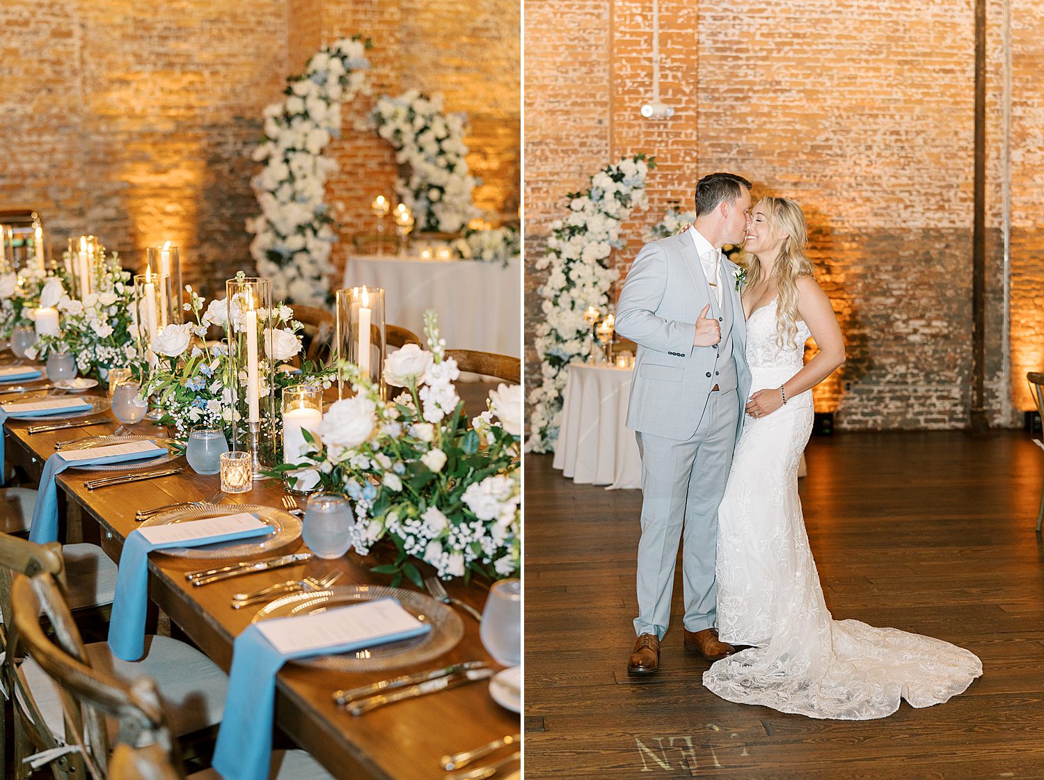 bride and groom kiss during Tampa FL reception at Armature Works