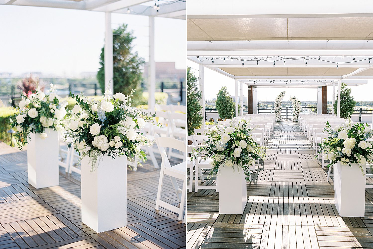 white florals on aisle at Armature Works