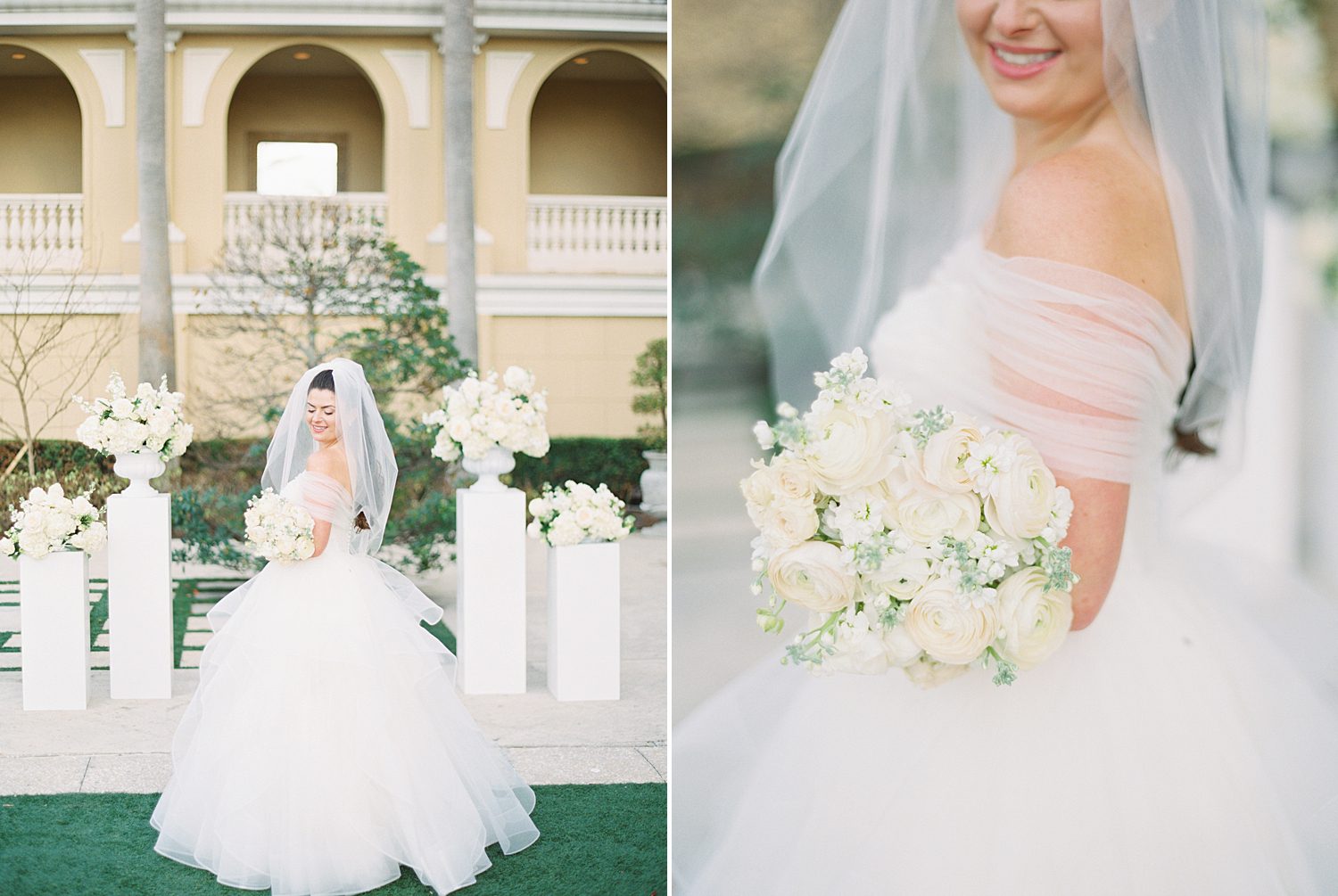bride holds bouquet of ivory roses with gauze wrapped around shoulders