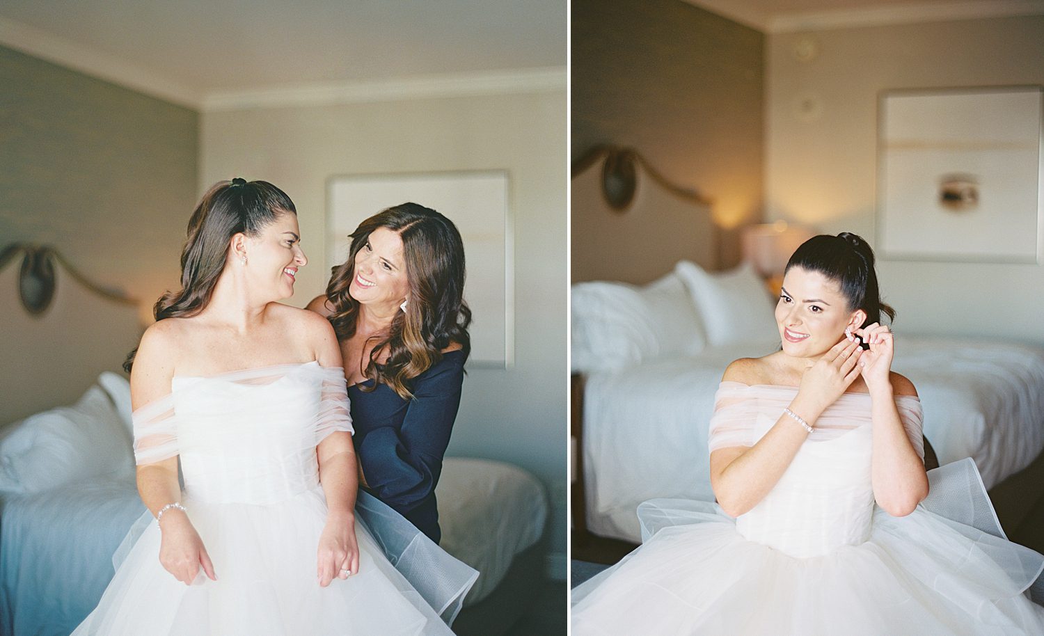 bride smiles at mother helping her into wedding gown