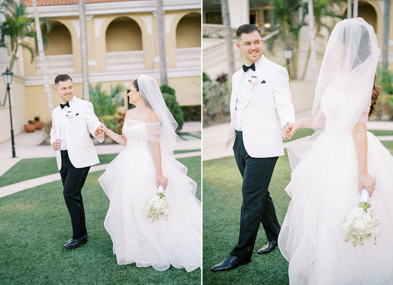 bride and groom hold hands walking on lawn together at the Ritz Carlton Sarasota