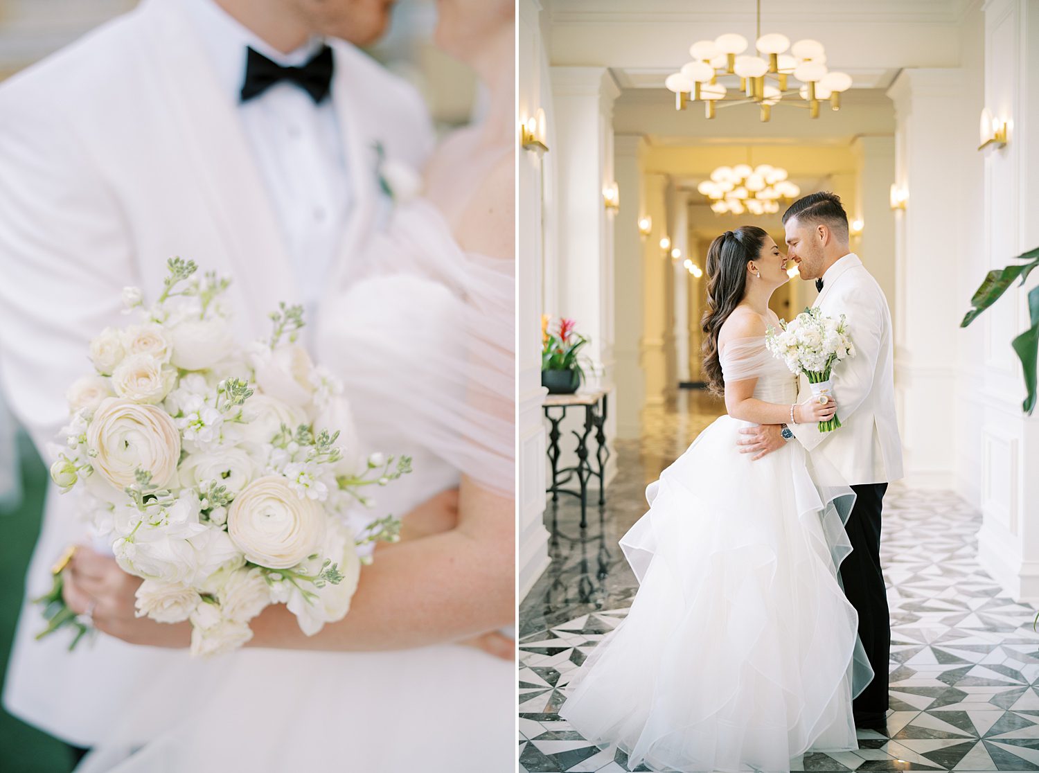 bride and groom hug in lobby of the Ritz Carlton Sarasota