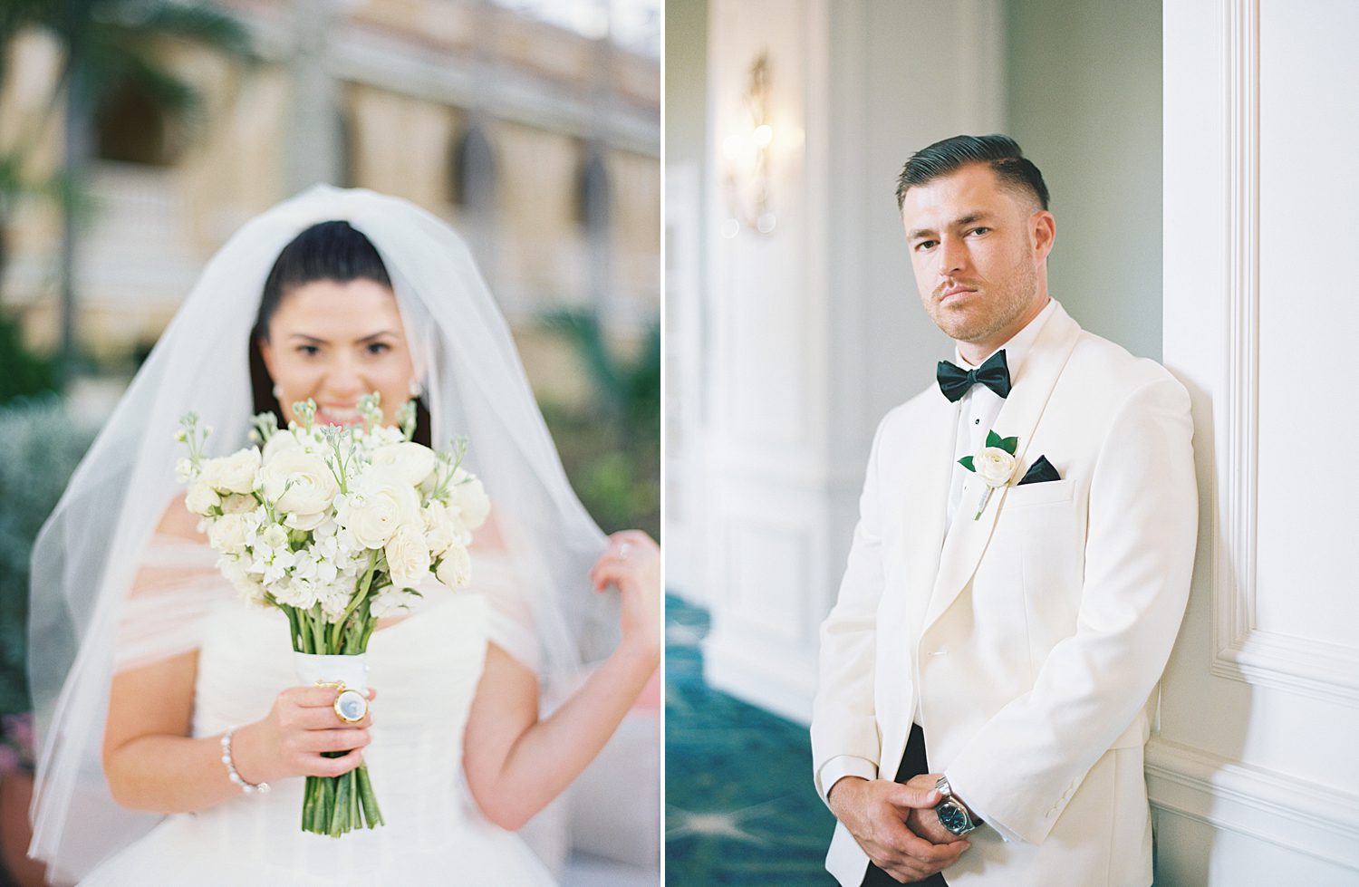 bride holds out bouquet of white roses next to groom in white tux
