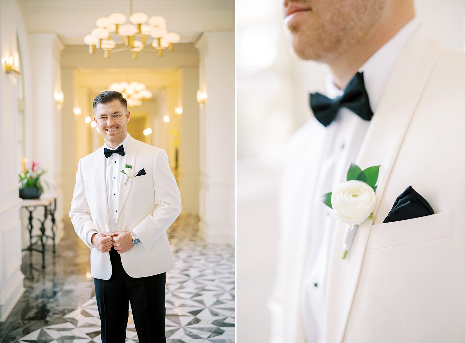 groom poses in white and black tux inside the Ritz Carlton Sarasota