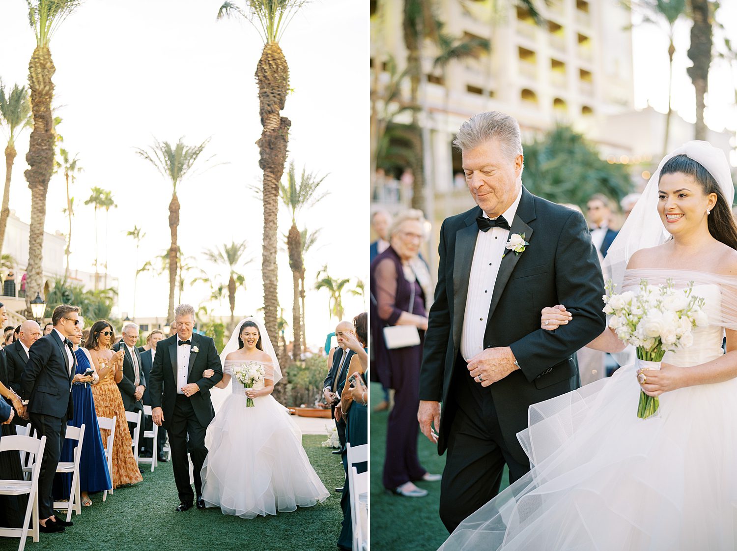 bride and father walk down aisle on lawn at the Ritz Carlton Sarasota