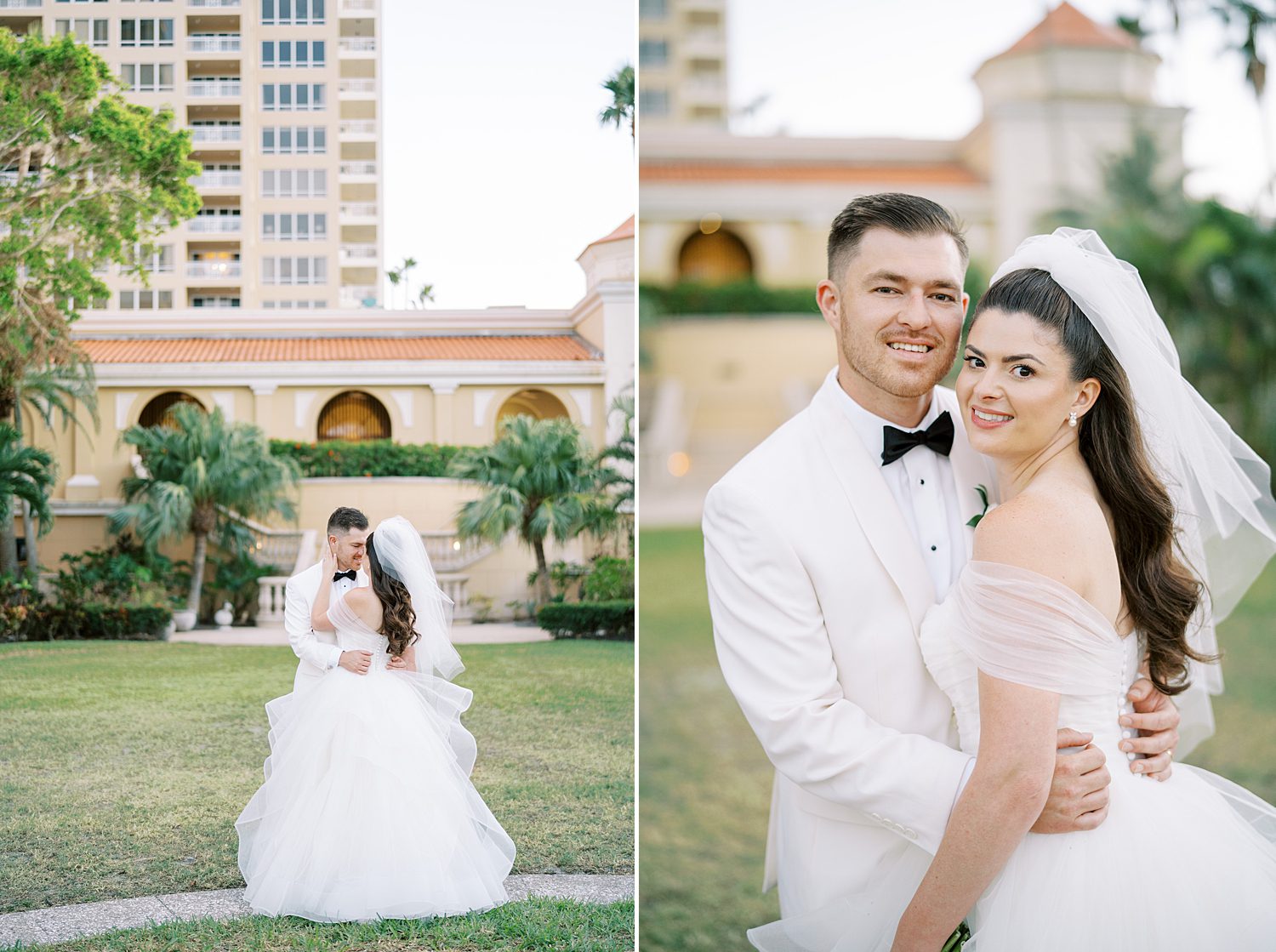 bride and groom hug on lawn of the Ritz Carlton Sarasota