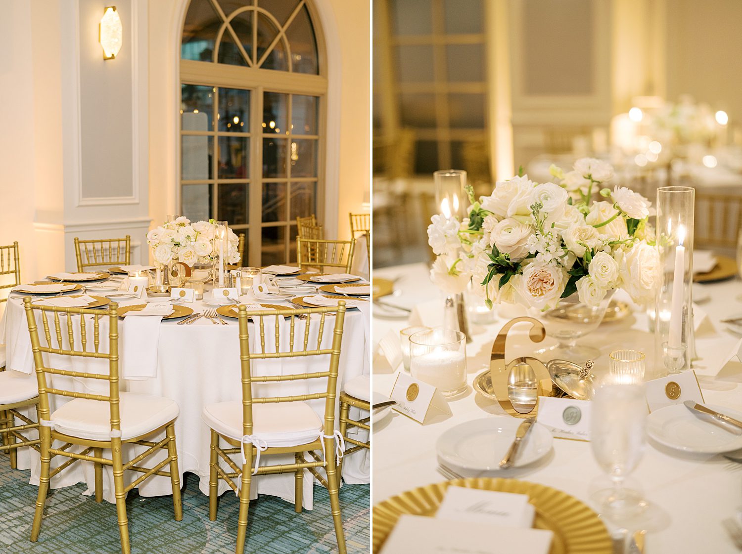 wedding reception with white flowers and gold chairs at the Ritz Carlton Sarasota