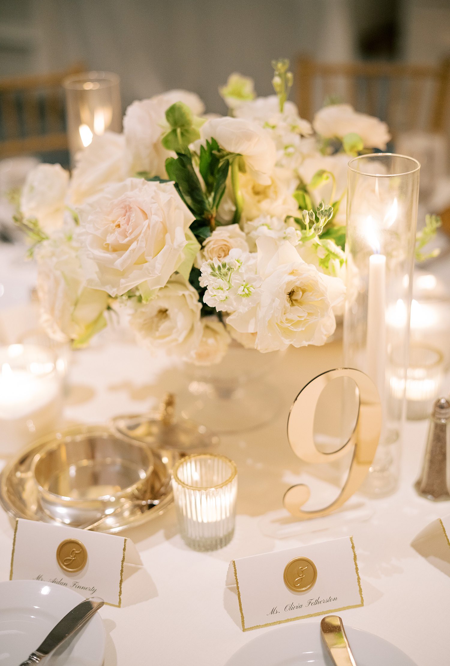 wedding reception centerpiece with white flowers at the Ritz Carlton Sarasota