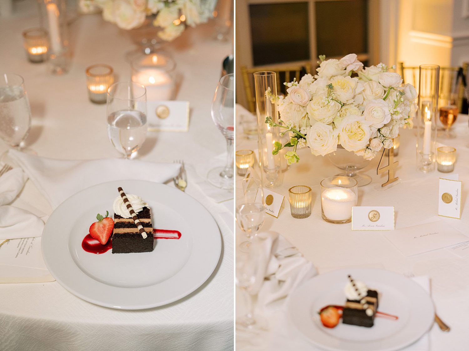 wedding reception with slice of chocolate cake and strawberries