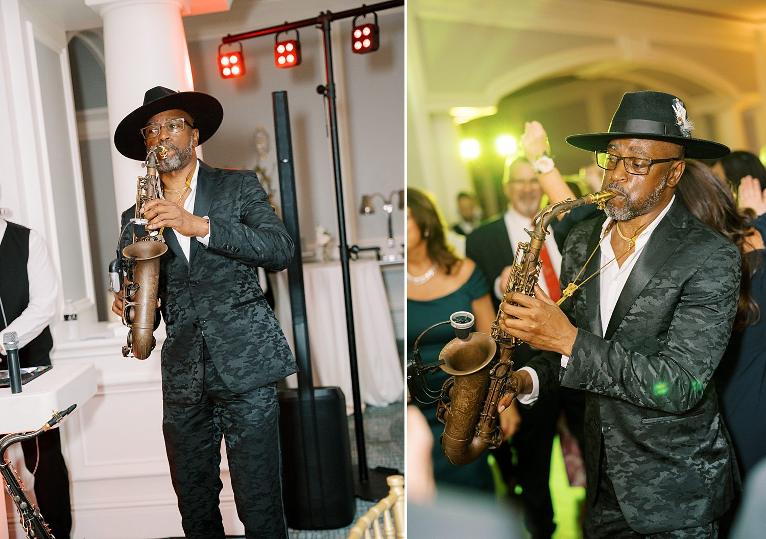 live saxophone player performs during FL wedding reception