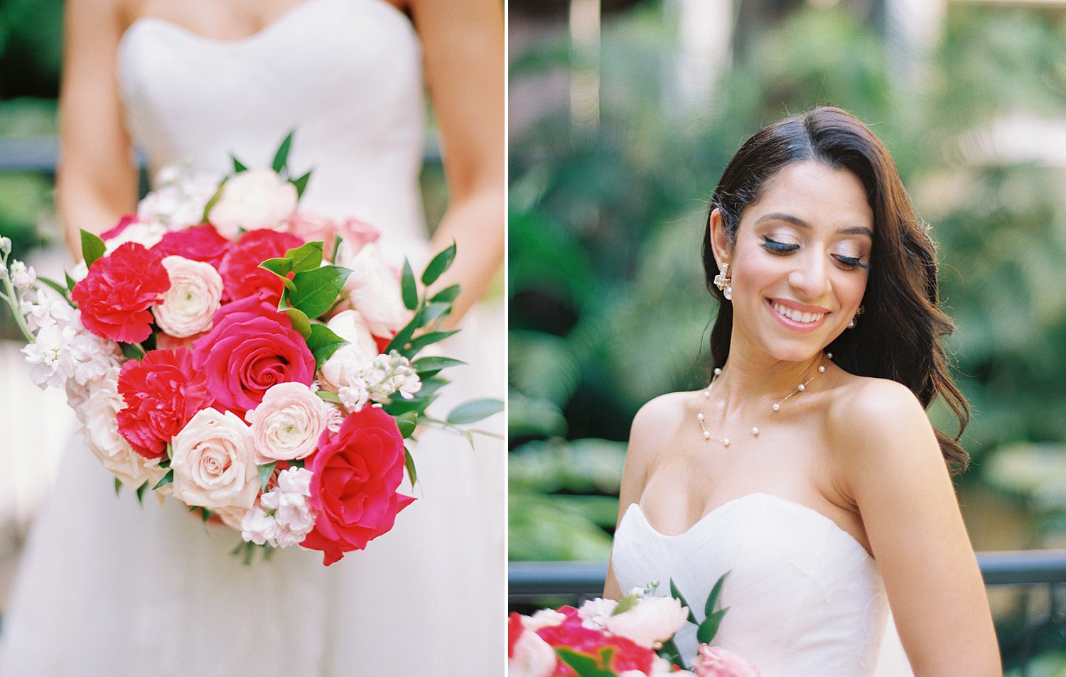 bride poses with bouquet of red and white flowers in atrium at Mayfair House Hotel