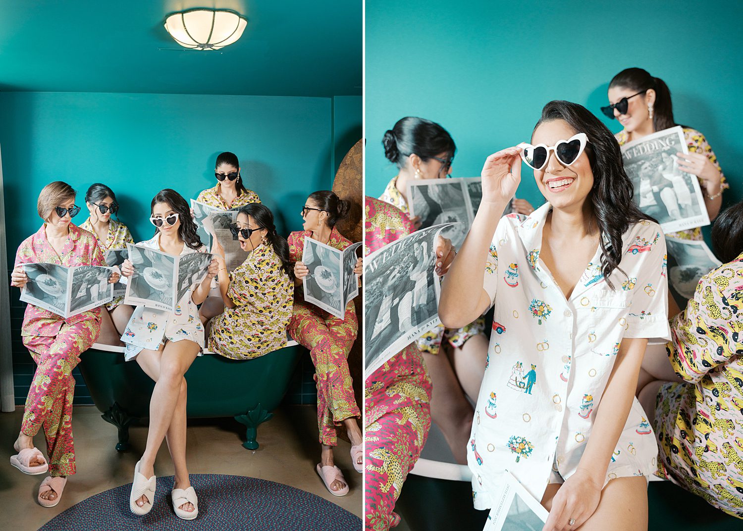 bride poses with bridesmaids holding custom newspapers in teal room at the Mayfair House Hotel