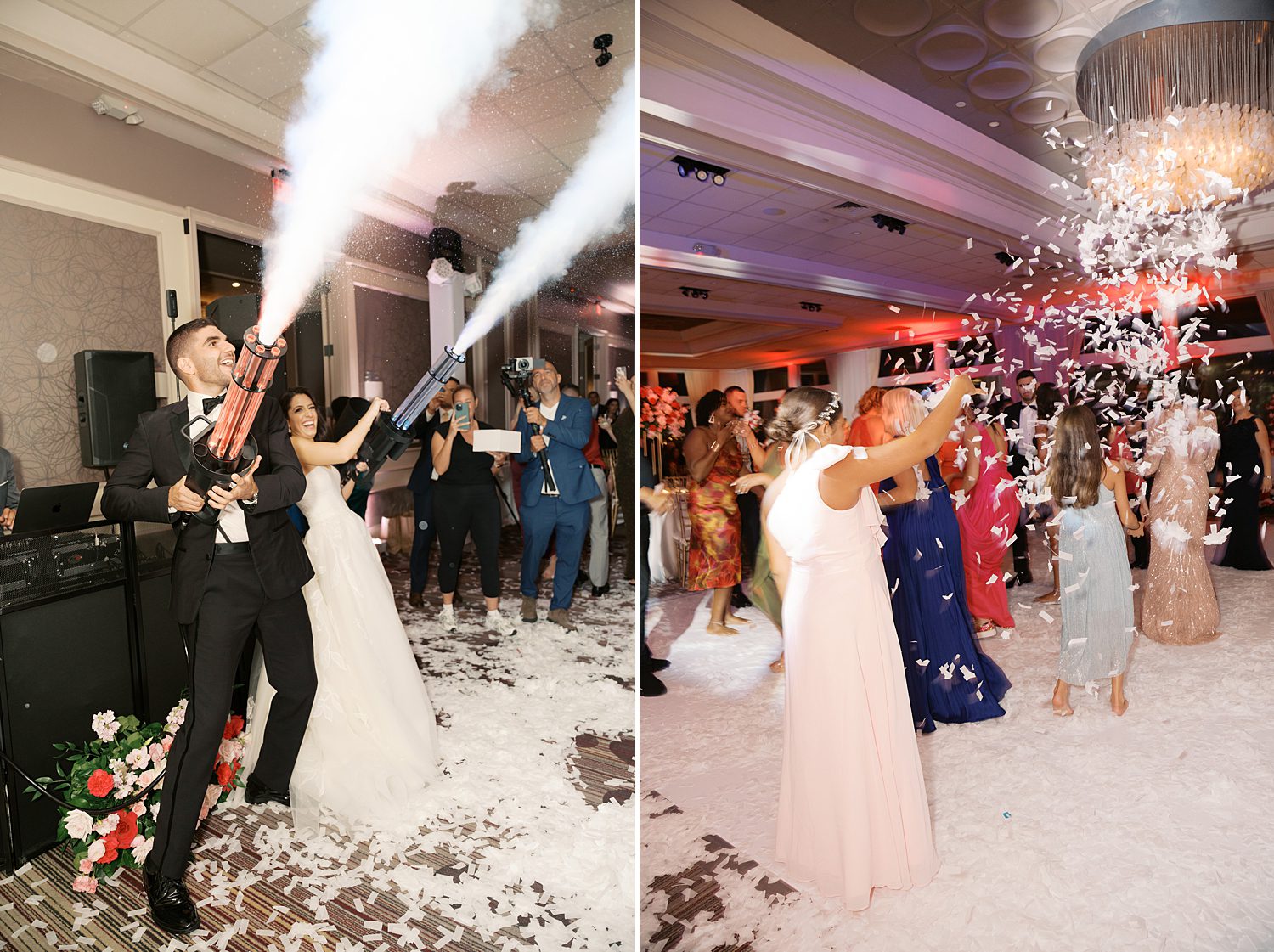 bride and groom hold confetti and smoke guns at the Rusty Pelican Miami