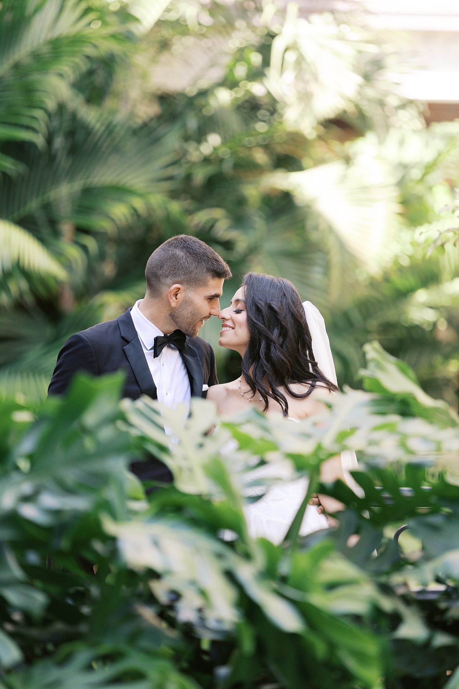 bride and groom smile between tropical leaves at Mayfair House Hotel