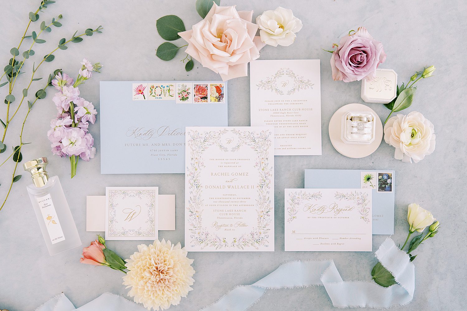 pastel blue and white invitation suite for spring wedding at Stonelake Ranch
