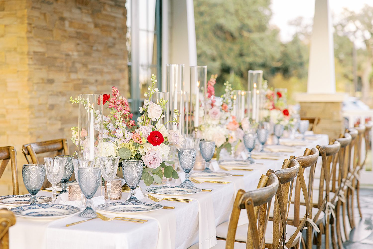 italian inspired wedding reception with blue glassware