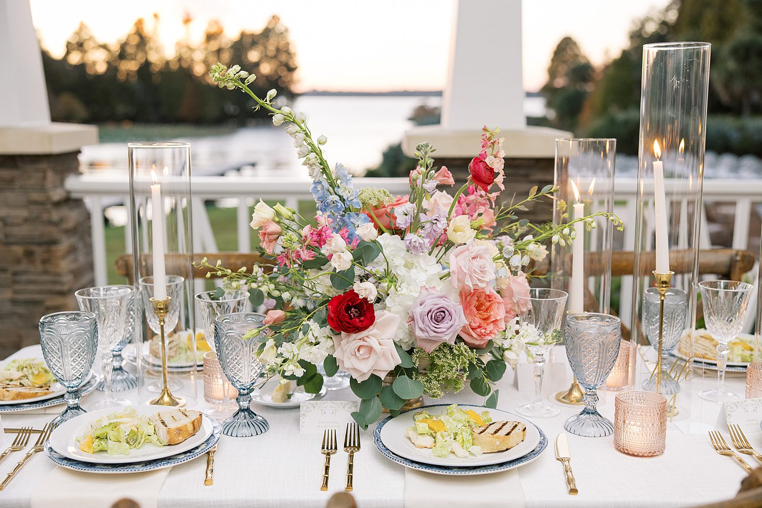 place settings with vintage blue and white plates