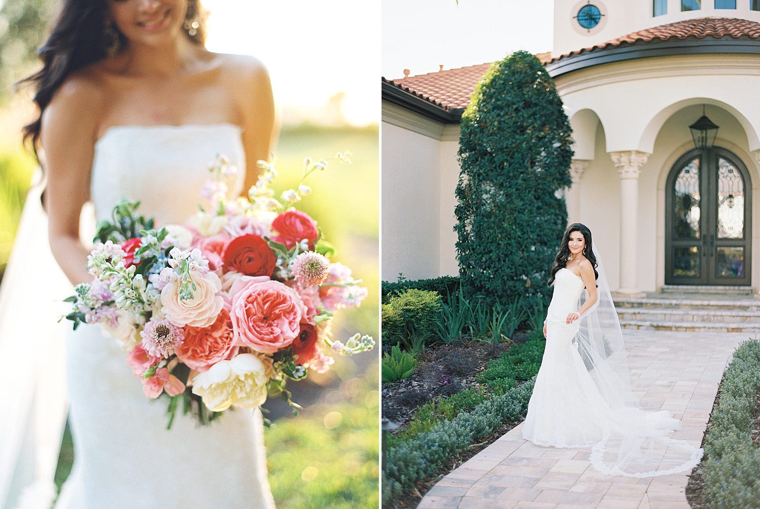 bride holds bouquet of pink and white flowers