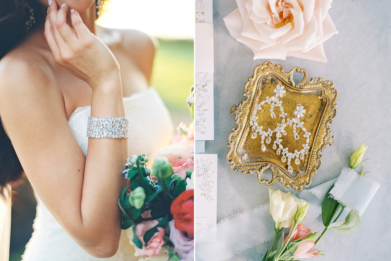 bride shows off jeweled bracelet on wedding day