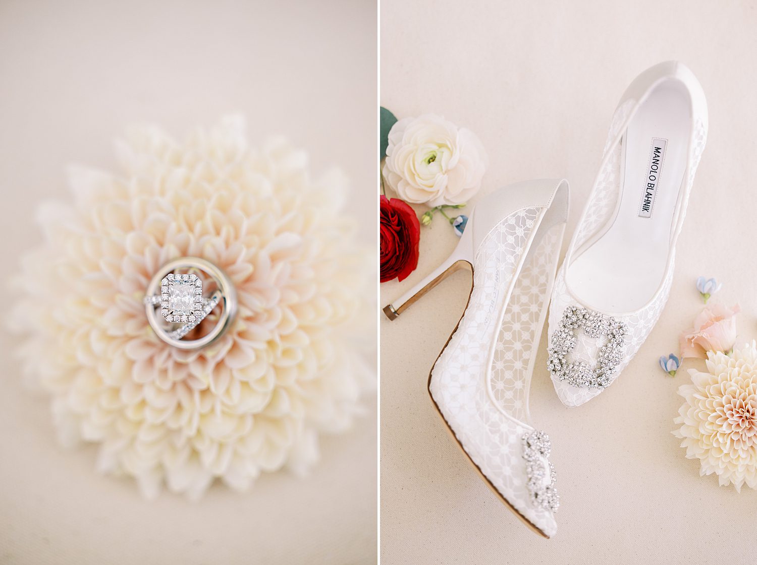 bride's jewelry rests on white dahlia  