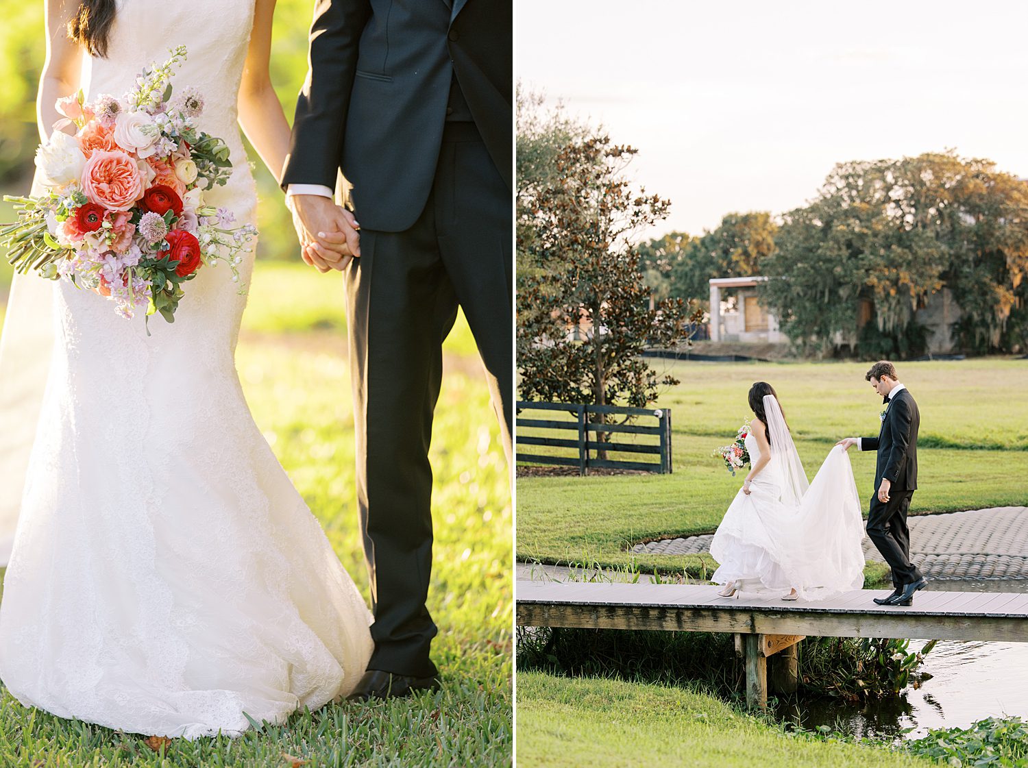 groom helps bride carry skirt on wooden dock at Stonelake Ranch