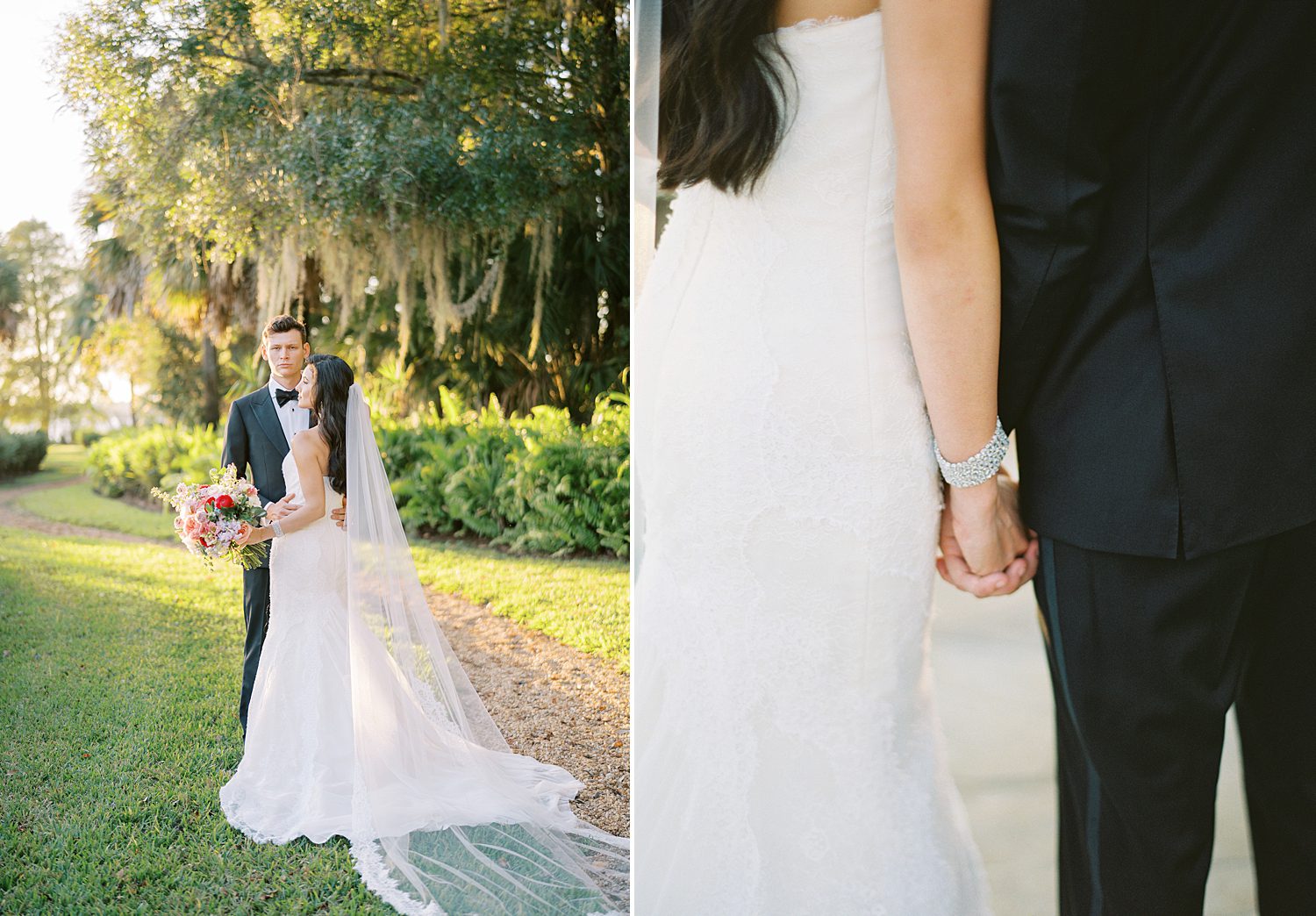 bride and groom hold hands standing on walkway at Stonelake Ranch