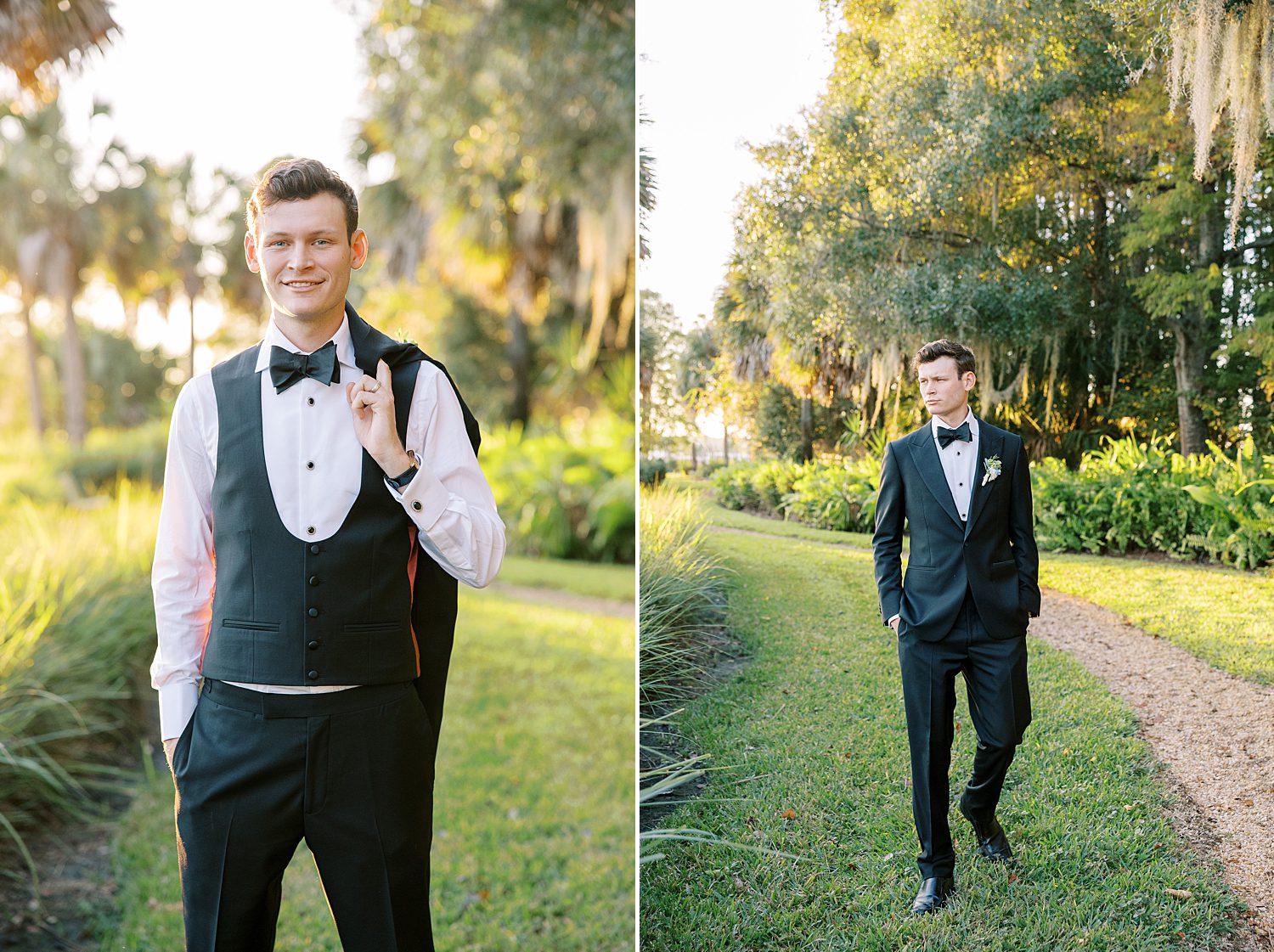 groom poses with black suit jacket over shoulder 