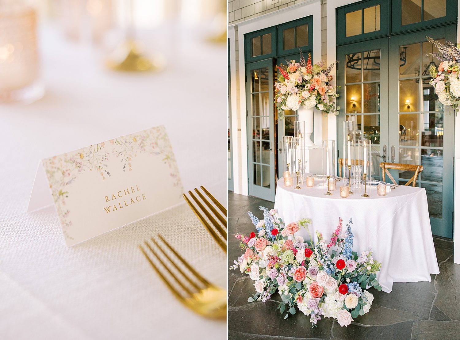wedding reception with gold forks and seating cards inspired by Lake Como