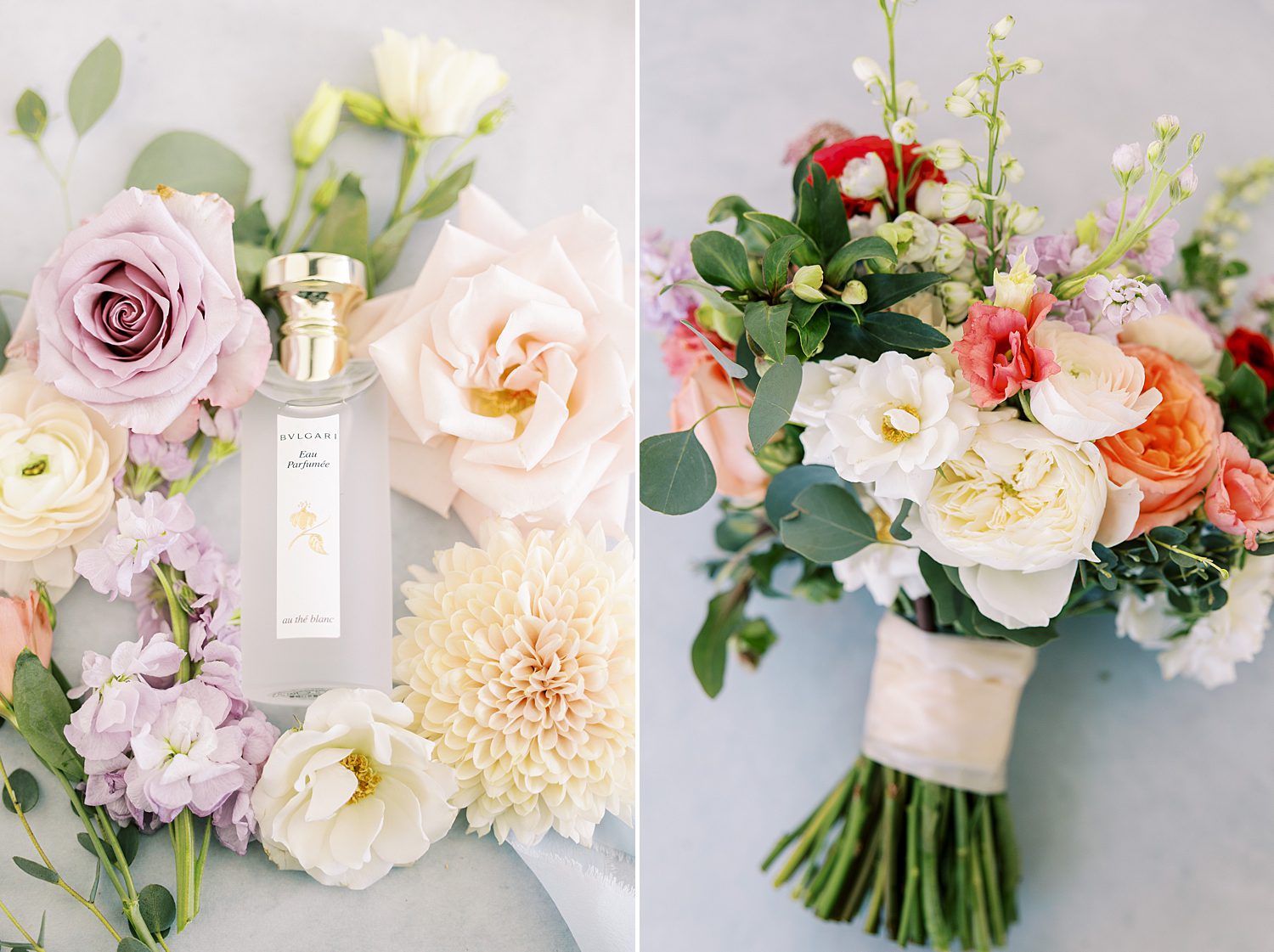 perfume bottle surrounded by roses and bride's bouquet 