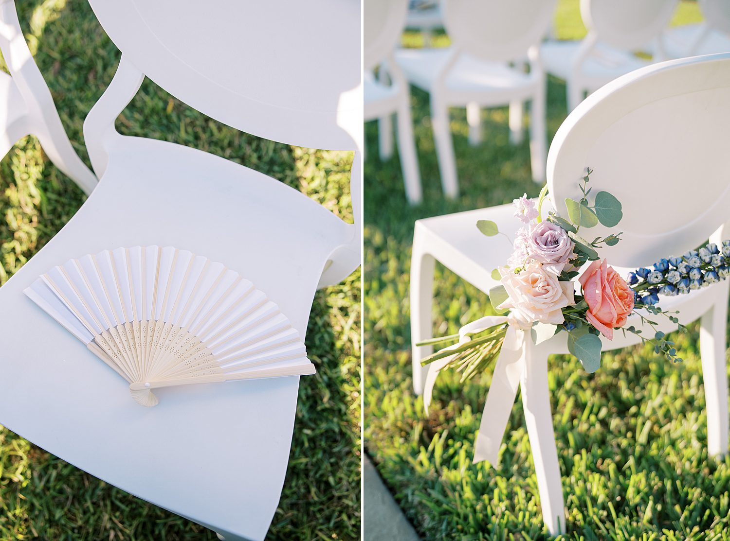 fans rest on white chairs for spring wedding ceremony 