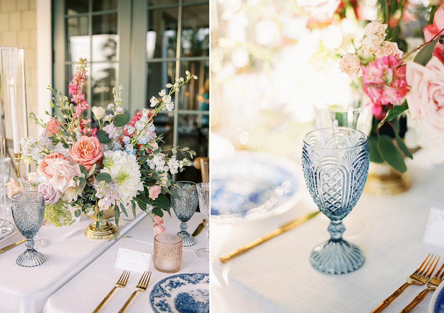 wedding reception with blue glassware at Stonelake Ranch