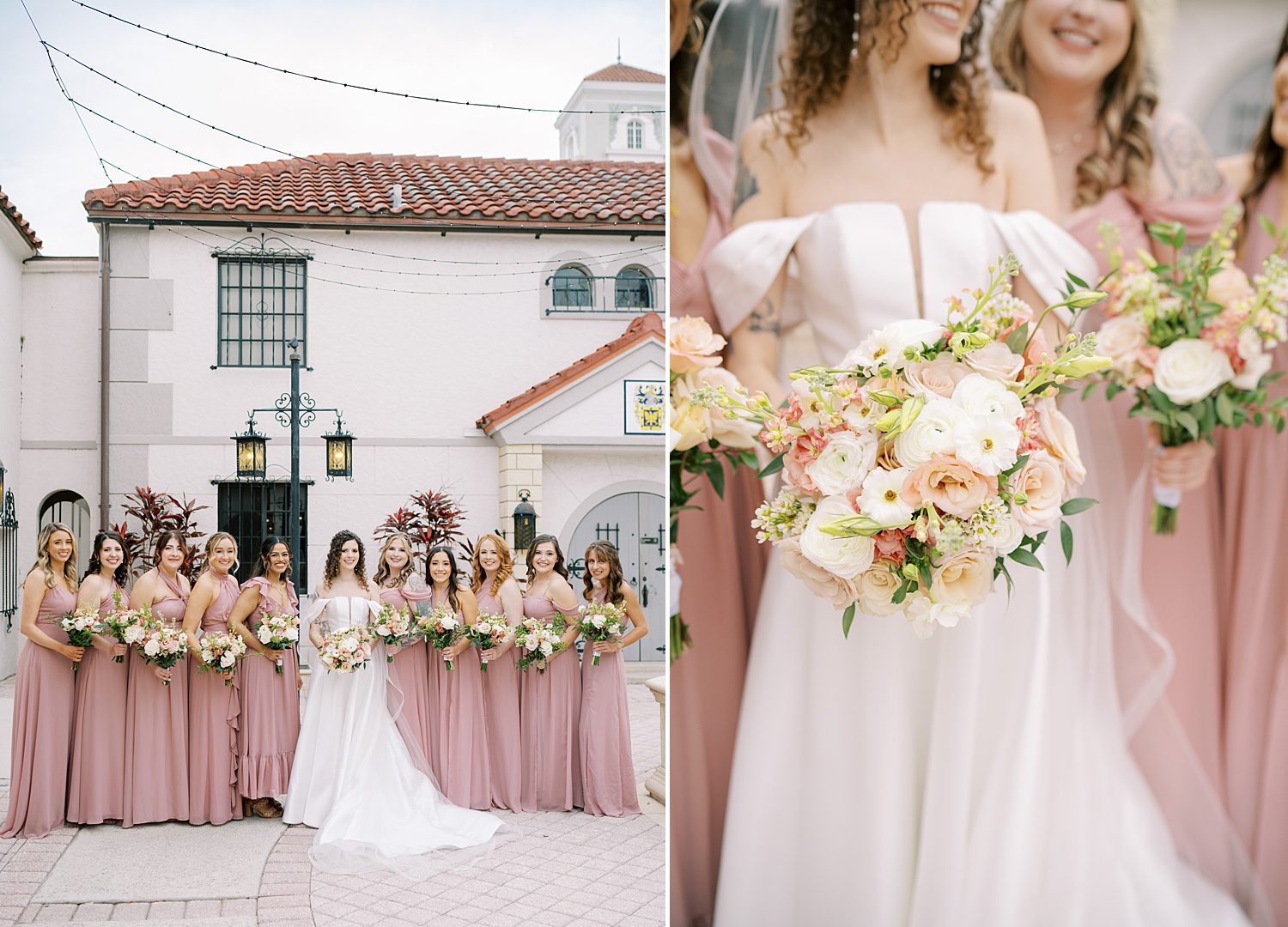 bride and bridesmaids hold bouquets of ivory and blush pink roses