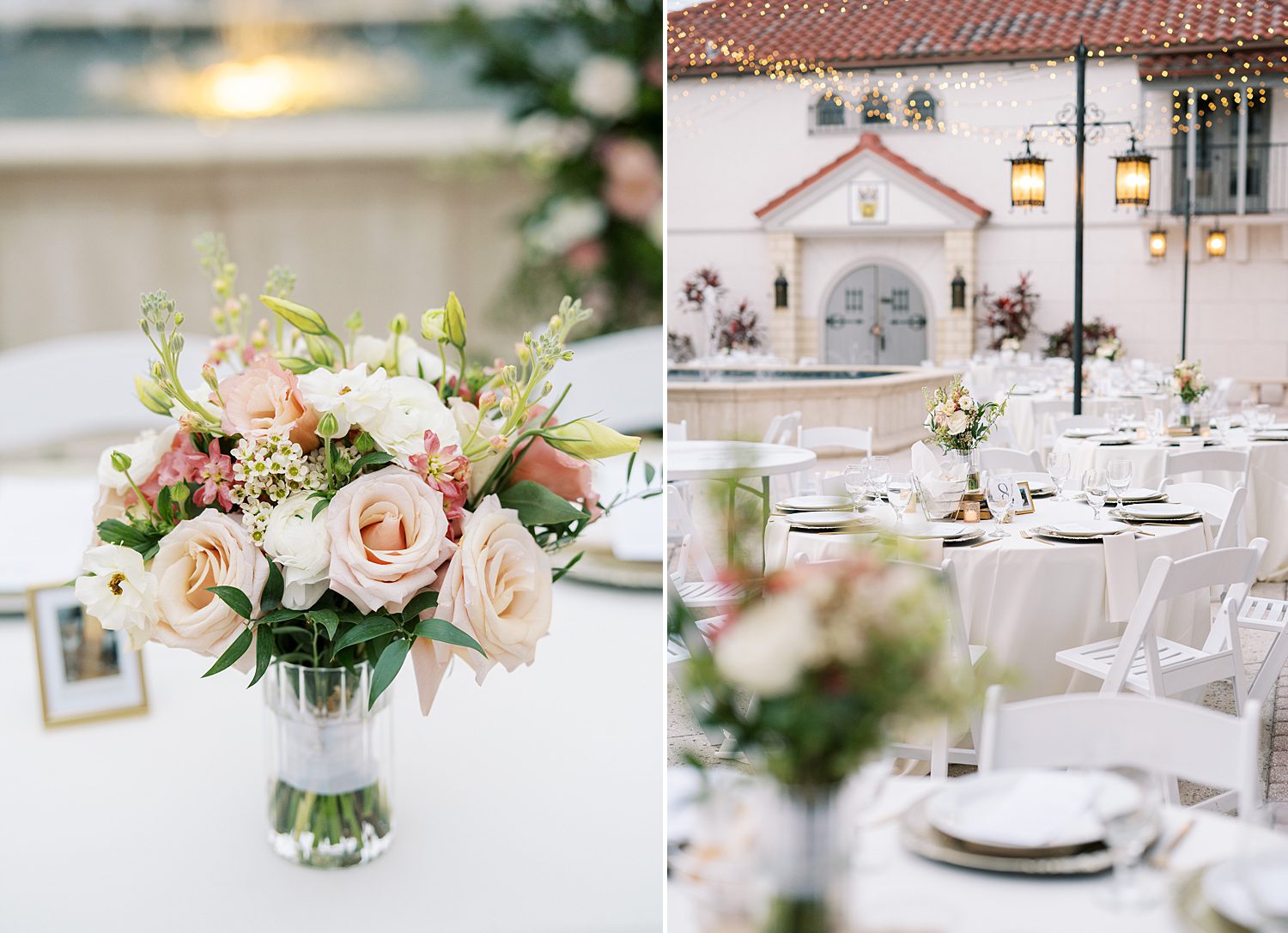 wedding reception with blush and white roses on table