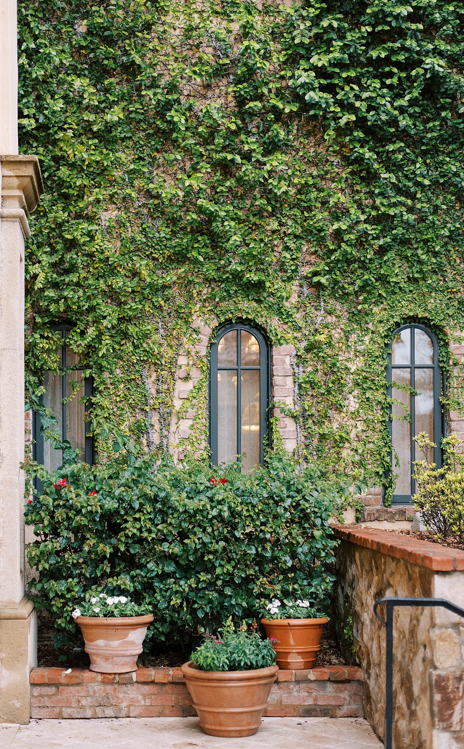 vines cover stone exterior of wedding venue