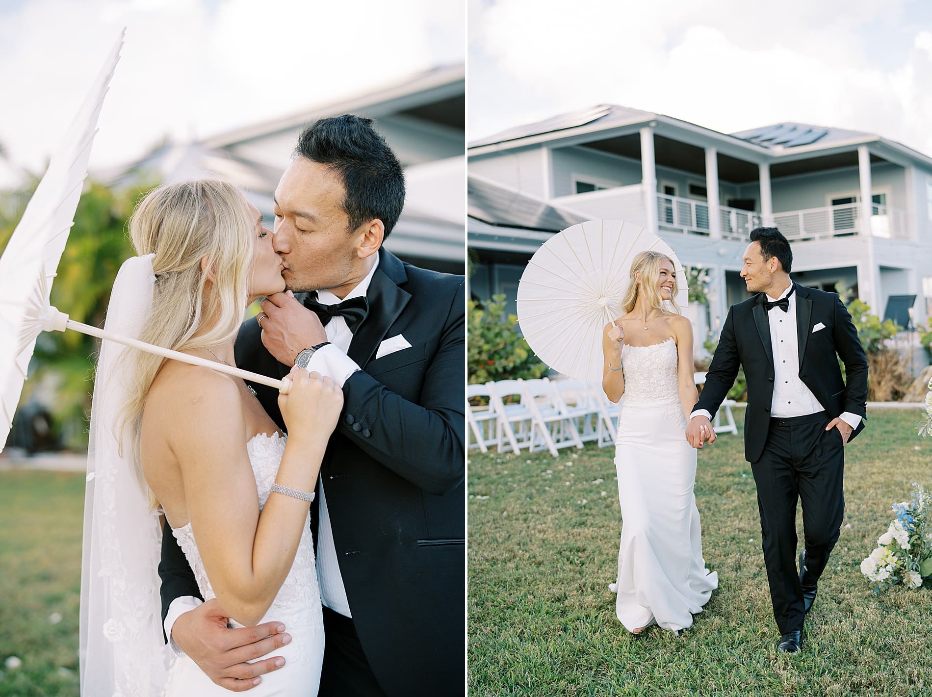 newlyweds walking across lawn at Tampa, FL Airbnb