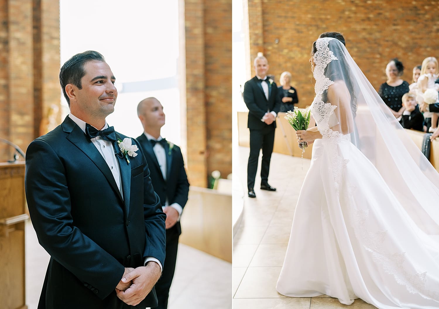 groom watches bride walk down aisle 