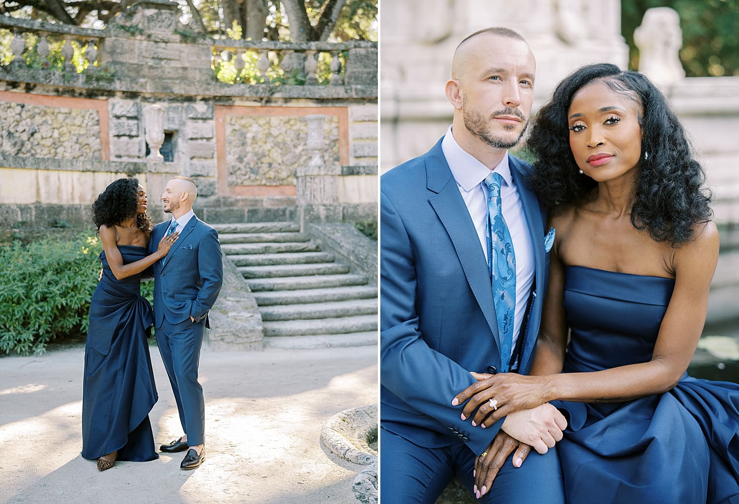 Engagement Session in Miami Fl with couple in elegant navy outfits