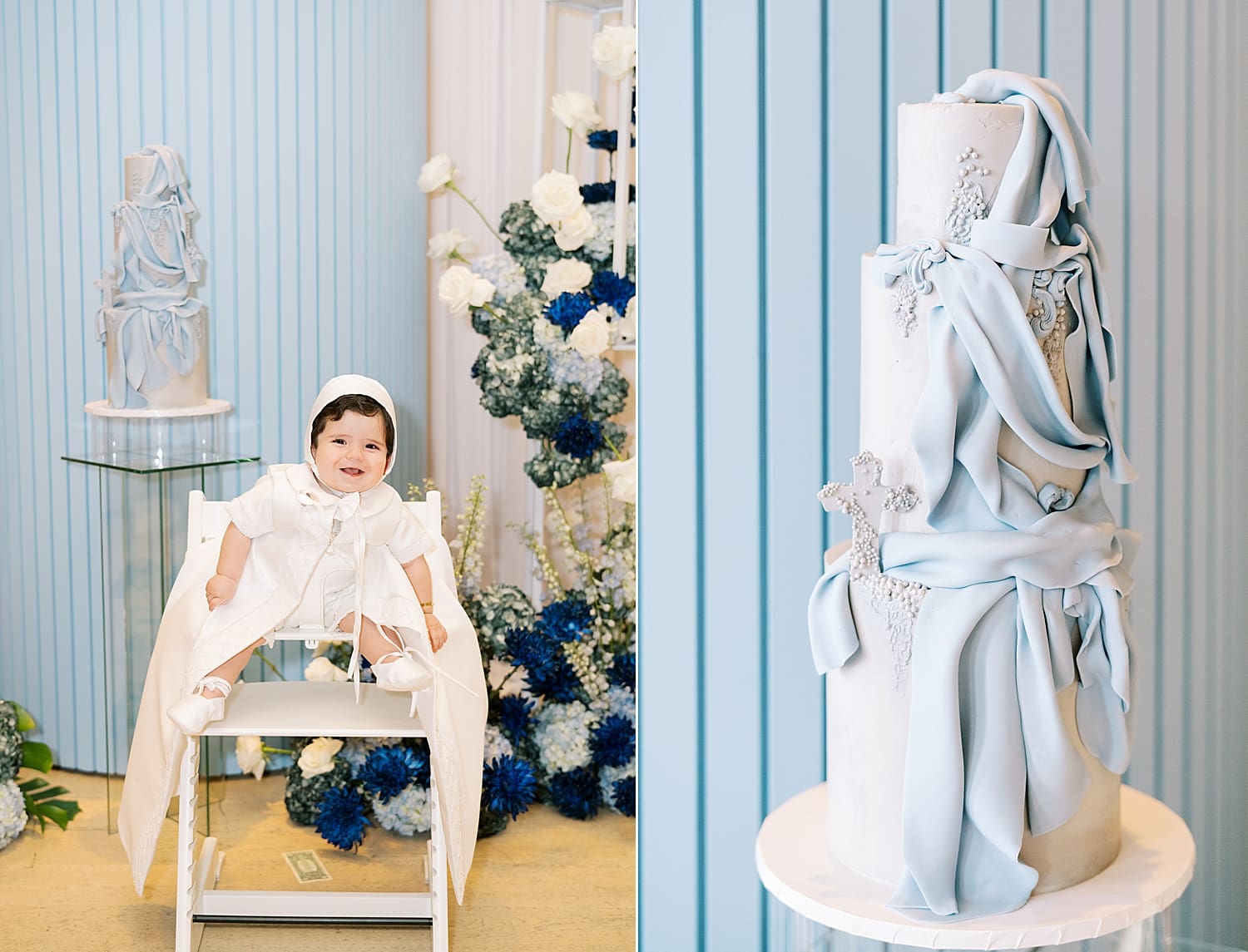 baby boy in sits in seat by cake