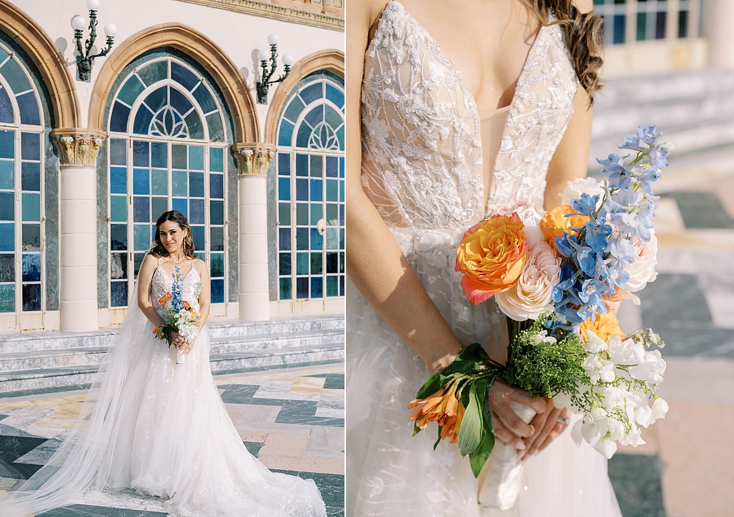 bride holding colorful bouquet of flowers