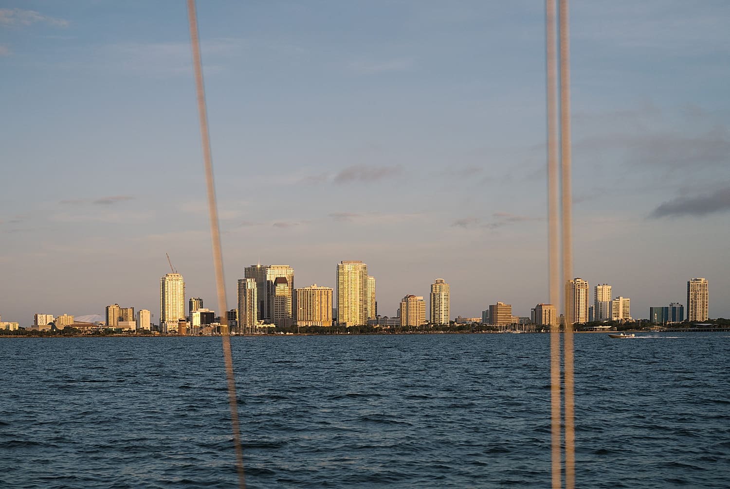 Tampa city skyline from a sailboat on the water