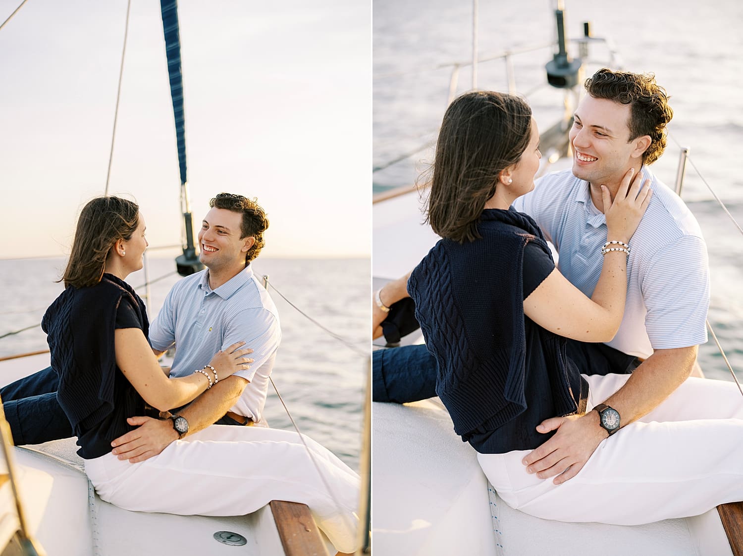 couple sit together on sailboat overlooking the water in Tampa, FL